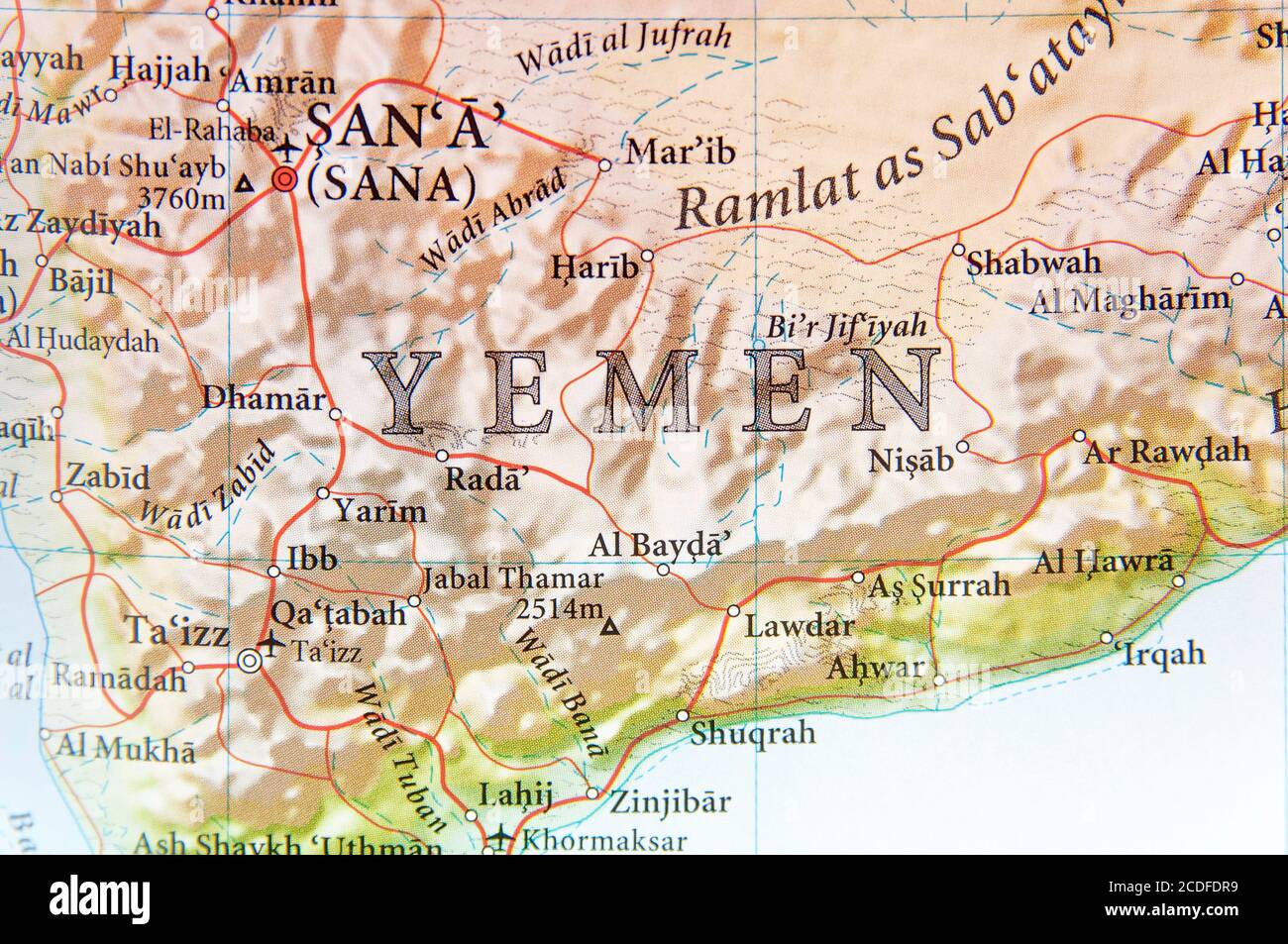 Mappa geografica dello Yemen con importanti città Foto Stock