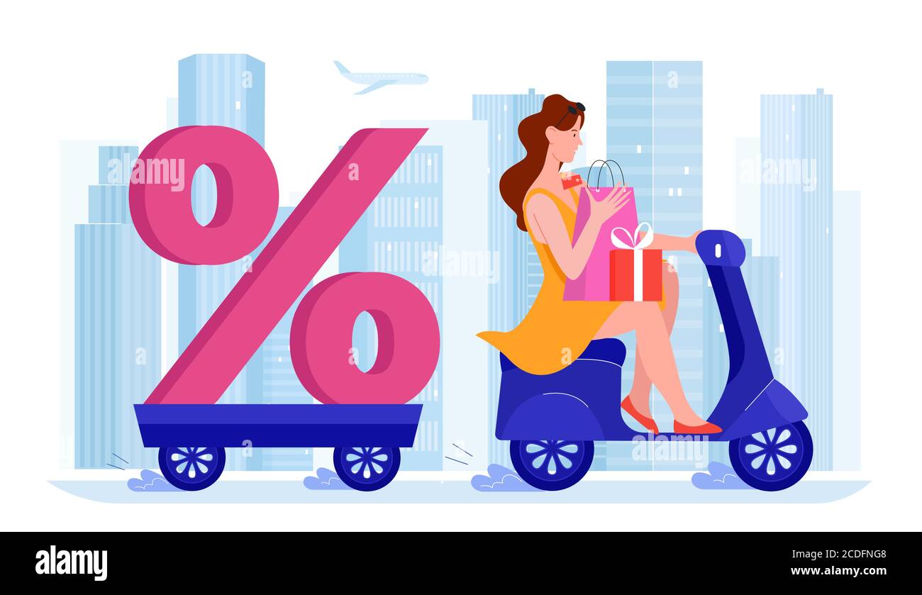 Illustrazione del vettore di vendita del negozio di città di sconto. Cartone animato piatto felice shopaholic personaggio di guida scooter in città urbano, portando il simbolo di sconto percentuale, tenendo scatole regalo isolato su bianco Illustrazione Vettoriale