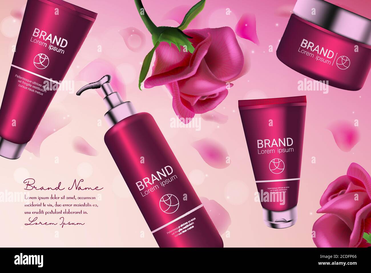Rosa rosa cosmetici serie illustrazione vettoriale. flacone cosmetico in plastica 3d con dispenser a pompa per idratante per il corpo, confezione con tubo con crema detergente per il viso e sfondo rosa naturale Illustrazione Vettoriale