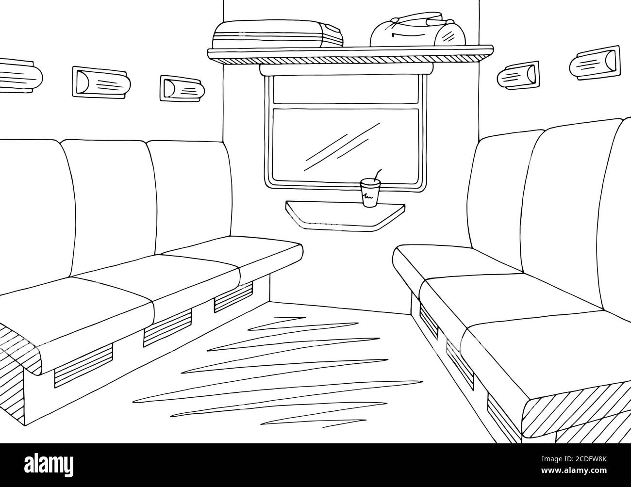 Train grafico interno nero bianco illustrazione schizzo vettore Illustrazione Vettoriale