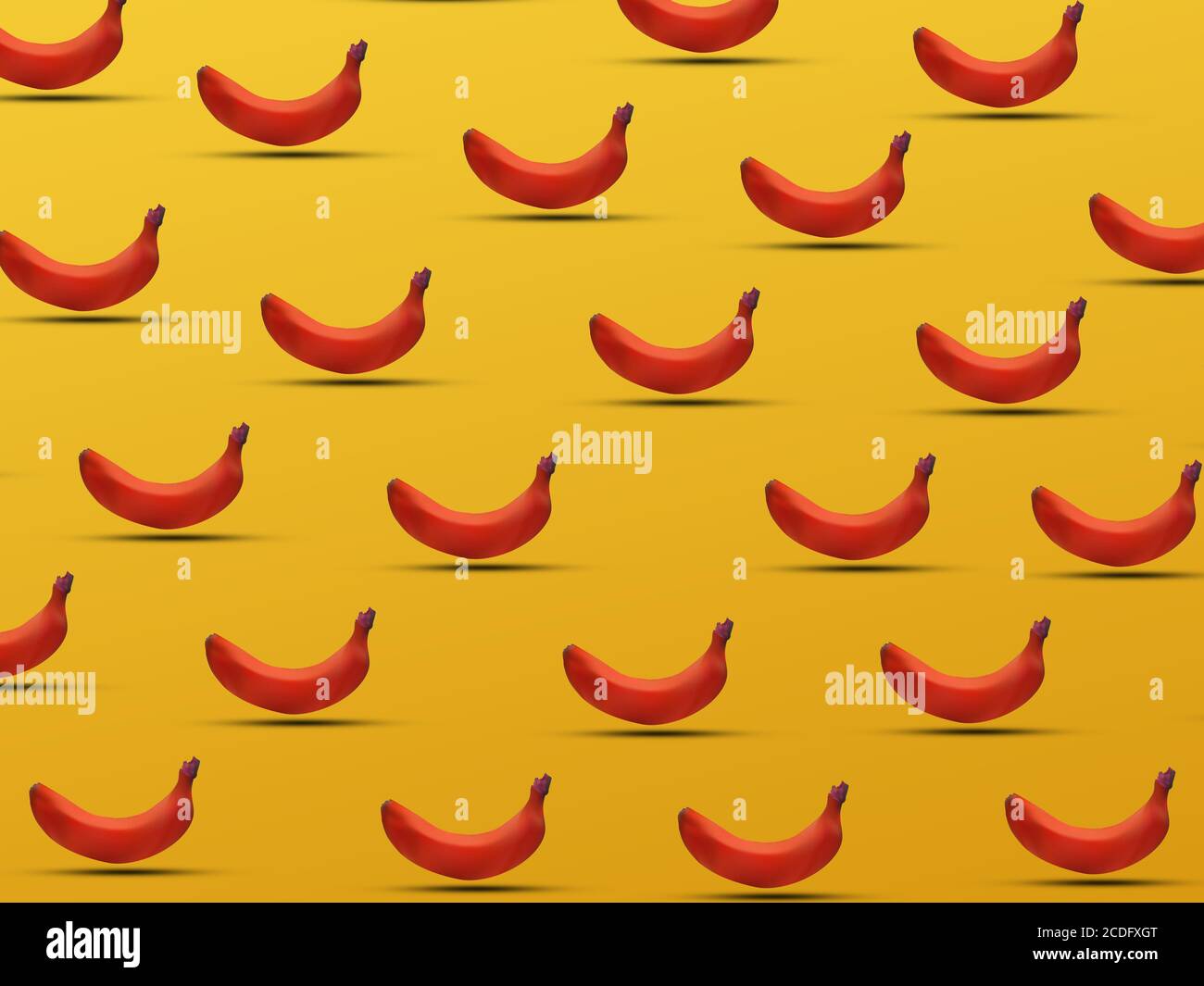 Banane colorate mature su sfondo a colori, concetto di mutazione spaziale ripetuta delle banane Foto Stock