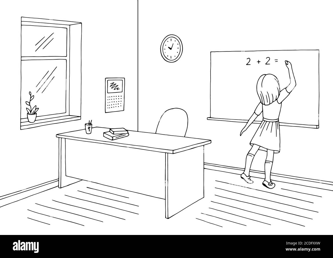 Grafico classe nero bianco scuola interno disegno vettoriale. La ragazza sta scrivendo sulla lavagna Illustrazione Vettoriale