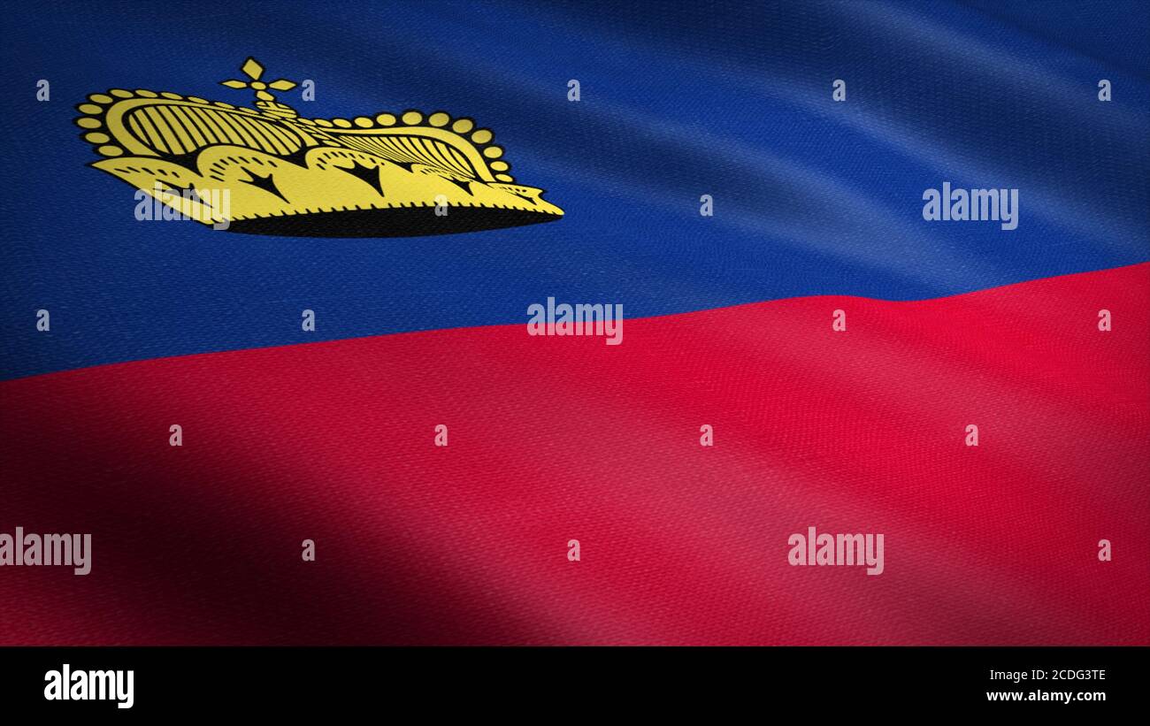 Bandiera del Liechtenstein. Rappresentazione realistica del rendering 3D con waving flag con texture di tessuto estremamente dettagliate. Foto Stock