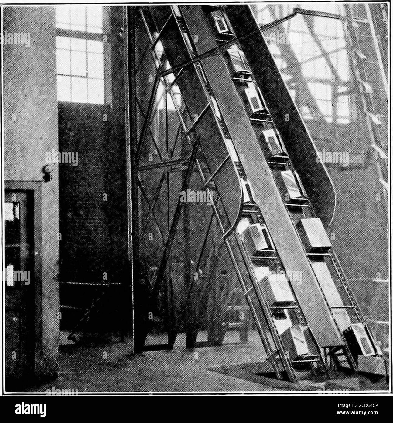 . Manipolazione dei materiali cyclopedia; un libro di riferimento che copre le definizioni, le descrizioni, le illustrazioni ed i metodi di uso delle macchine di movimentazione dei materiali impiegate nell'industria. È estremamente importante eliminare il peso in eccesso; inoltre, ogni parte della macchina deve essere progettata come leggera e con requisiti di manutenzione ragionevoli. Prodotti alimentari - inscatolamento - imballaggio di scatole - occupa la piccola quantità di spazio a pavimento richiesto dall'ascensore a barra di spinta a causa dell'angolo elevato a cui può essere utilizzato è una caratteristica importante in molti edifici industriali. Byponendo l'ascensore contro una parete o. Foto Stock