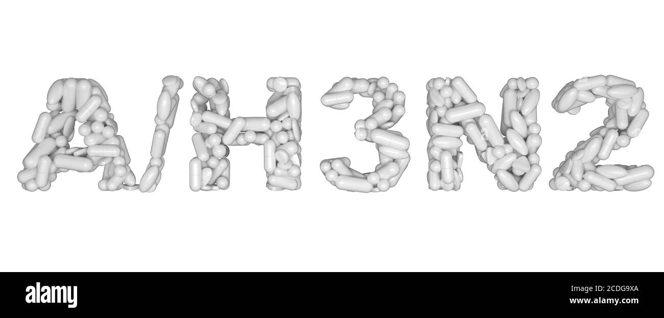 Influenza H3N2 avvertimento - parola assemblata con pillole bianche Foto Stock