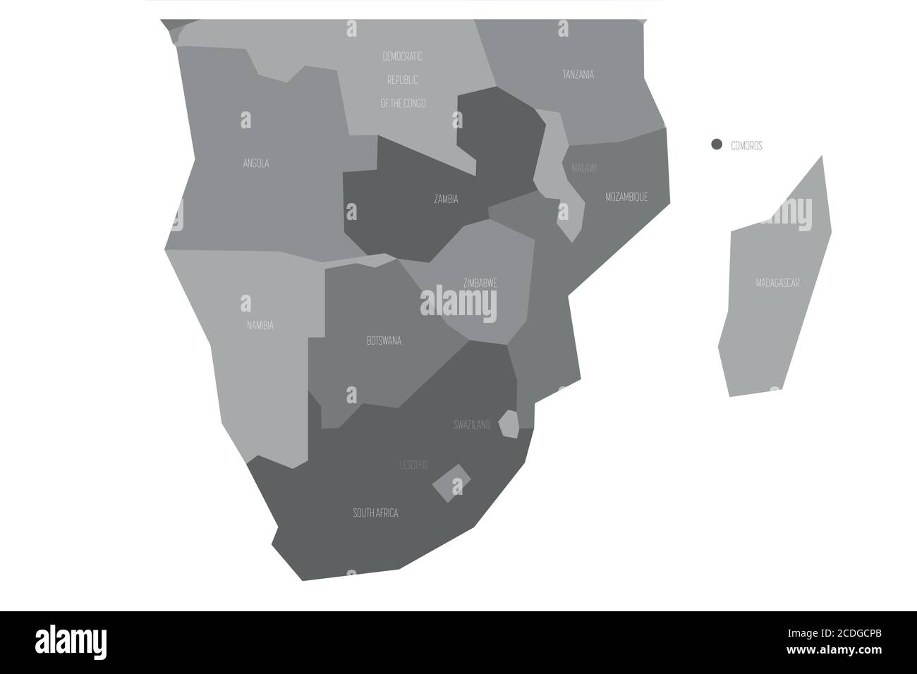 Mappa politica della regione dell'Africa meridionale. Mappa vettoriale schematica semplificata in tonalità di grigio. Illustrazione Vettoriale