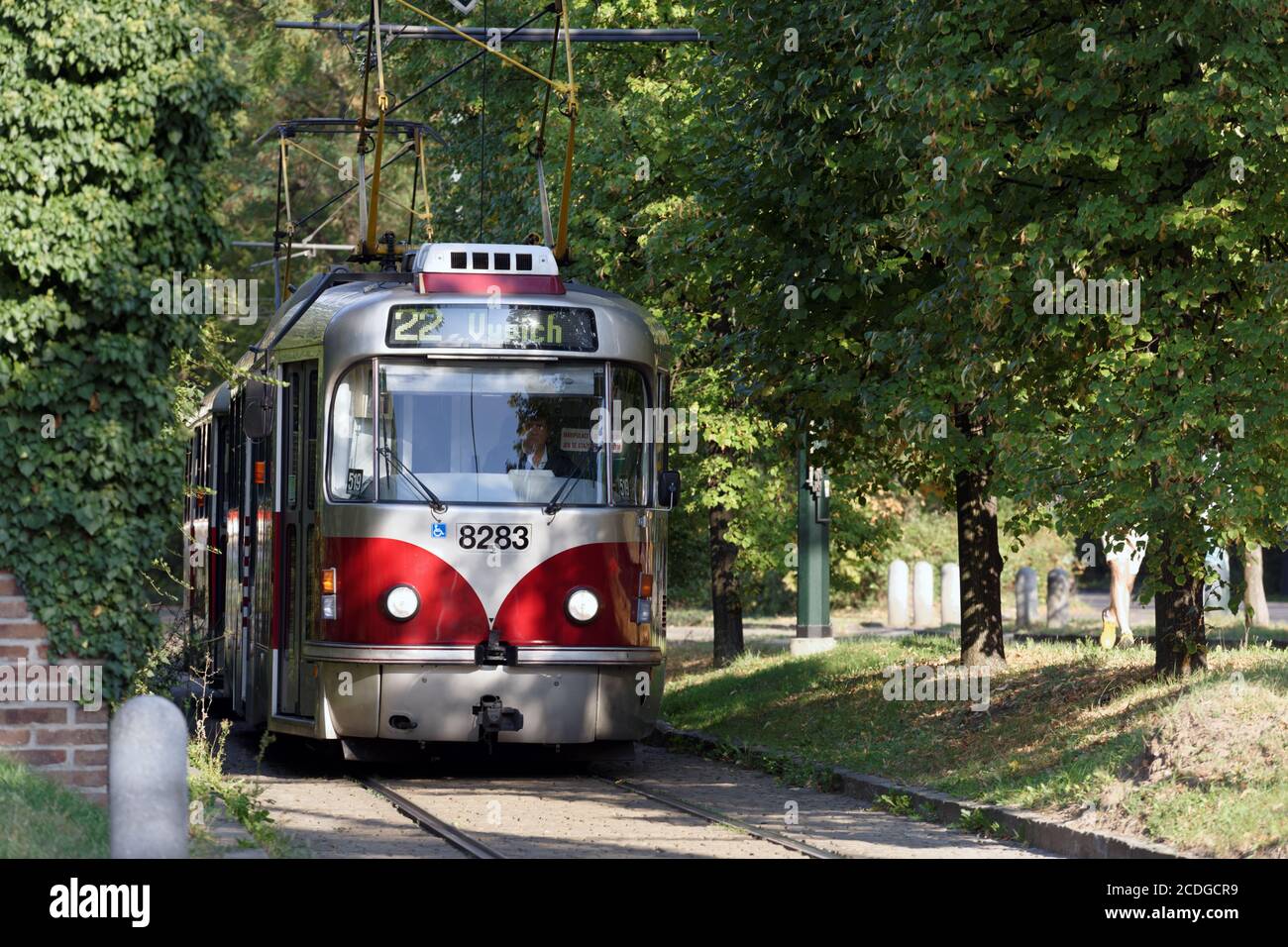 Tram retrò a Praga, Repubblica Ceca Foto Stock