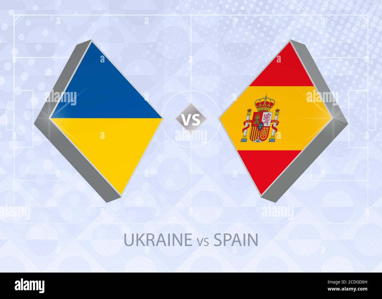 Ucraina vs Spagna, Lega A, Gruppo 4. Concorso europeo di calcio su sfondo blu. Illustrazione Vettoriale