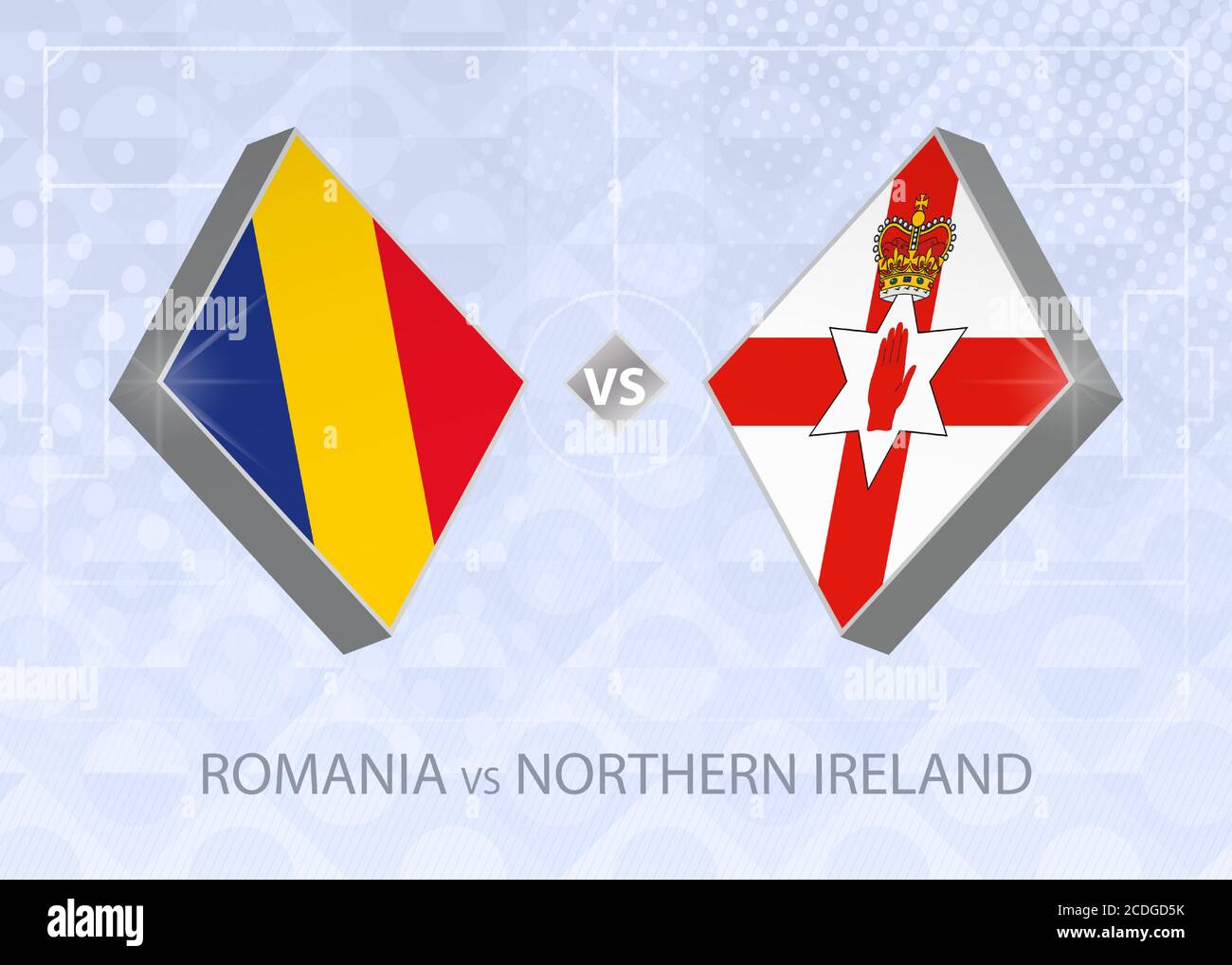 Romania vs Irlanda del Nord, Lega B, Gruppo 1. Concorso europeo di calcio su sfondo blu. Illustrazione Vettoriale
