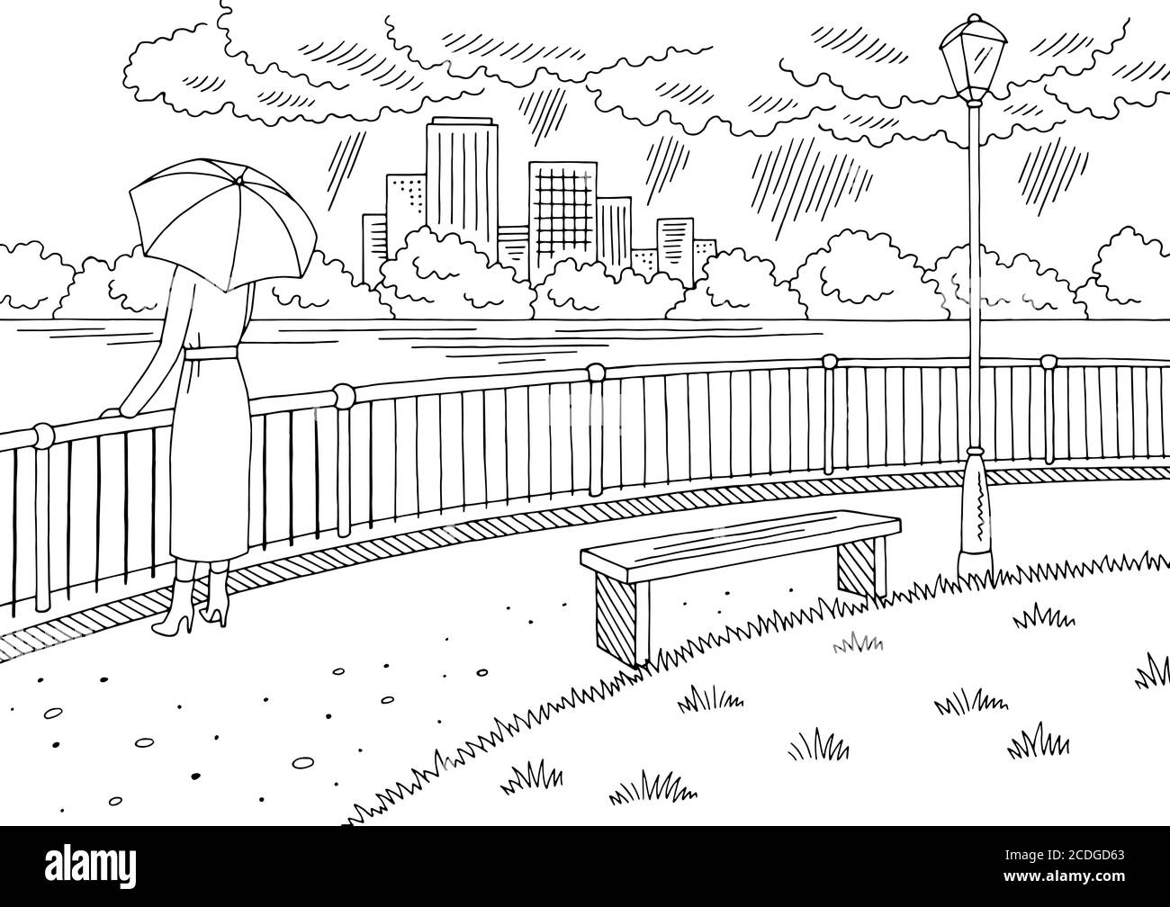 Città fiume grafica nero bianco pioggia paesaggio disegno vettore. Donna in piedi con ombrello Illustrazione Vettoriale