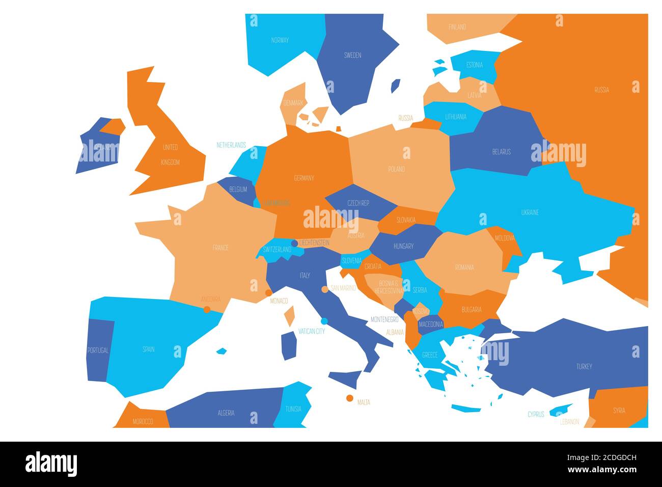 Mappa politica dell'Europa centrale e meridionale. Mappa vettoriale schematica semplificata in quattro combinazioni di colori. Illustrazione Vettoriale