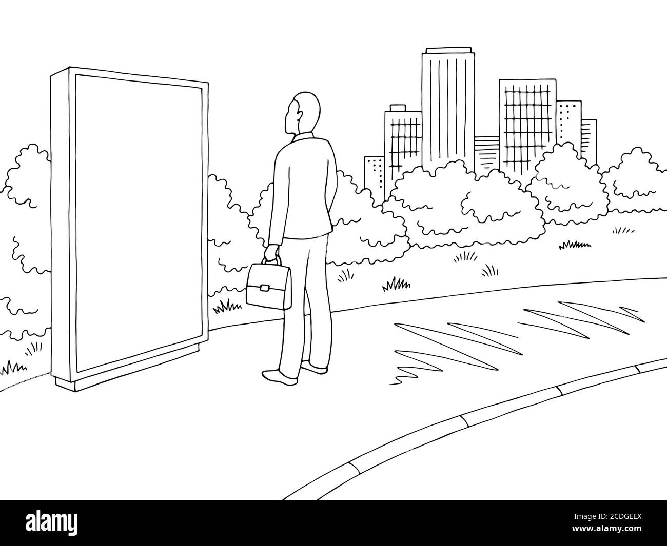Street Road grafico nero bianco città disegno paesaggio vettore illustrazione. Uomo in piedi e guardando il cartellone Illustrazione Vettoriale