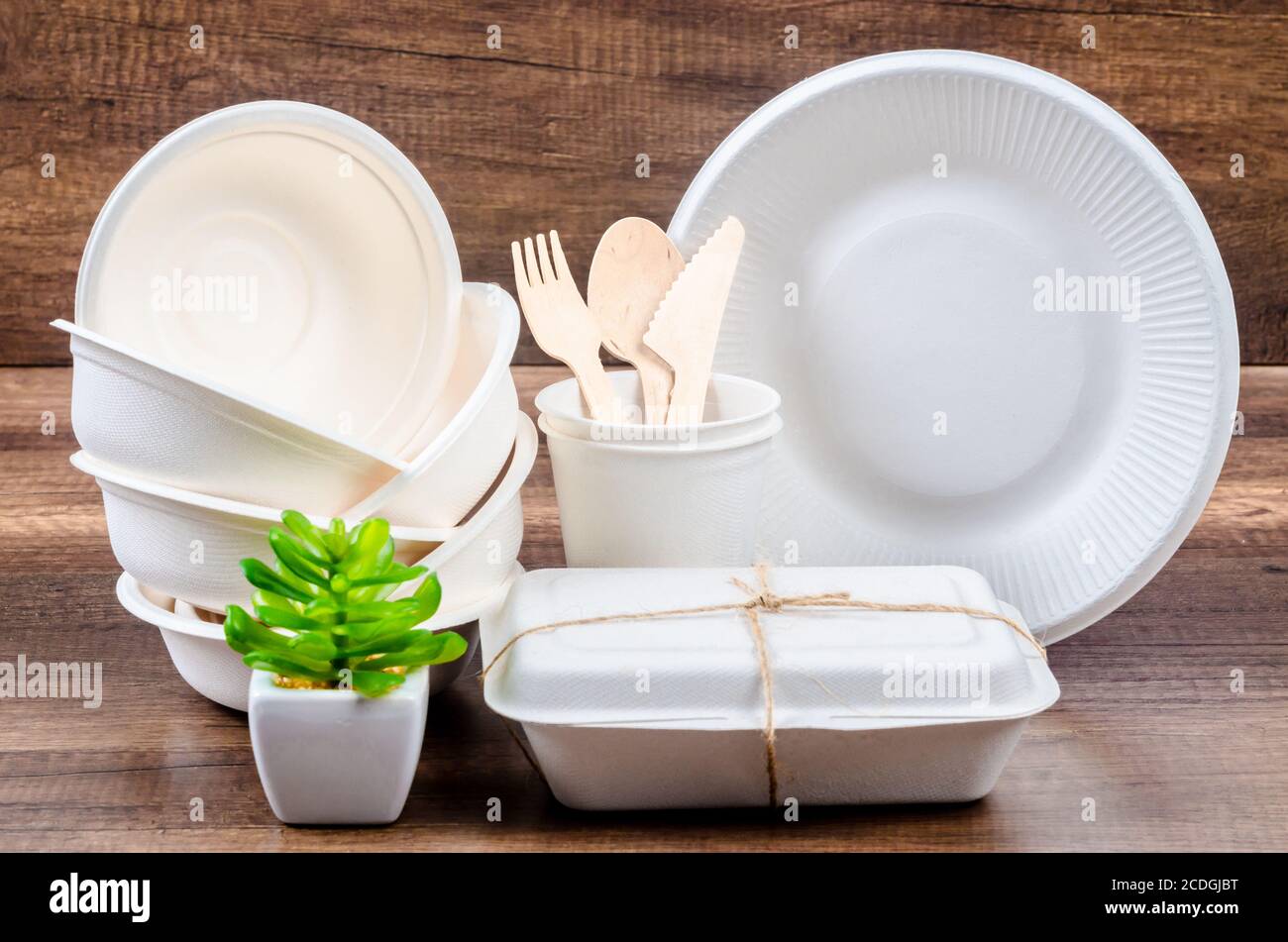 Set di greggi di fibre vegetali casella di alimentare la carta e la tazza di caffè. Fibra naturale alimenti eco e di imballaggio per bevande. Foto Stock