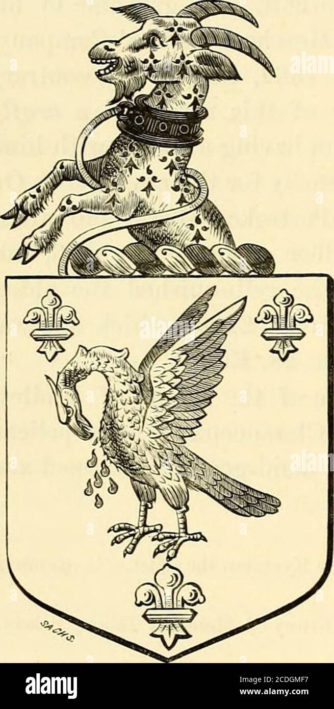 . Monken Hadley . ed e preso nel numero e nell'amicizia di altri gentilmen unzient. EOR ricordo di me il saide Claren-cieulx Kinge di Armes dal potere e al mio ufficio annessa e gravata da letterpatentes vnder la scala greate d'Inghilterra haveinventato assegnato gcven e gravato vnto e forthe detto William Kimpton esquier armes andcreaste in seguito. Vale a dire asura Pellicane betwen thre Elower de luces goldeand alla creast vppon il healme in un wreathgolde e asur un demi Goate ermyns corned andcleaed (sic) golde un coller e chayne aboute il suo n Foto Stock