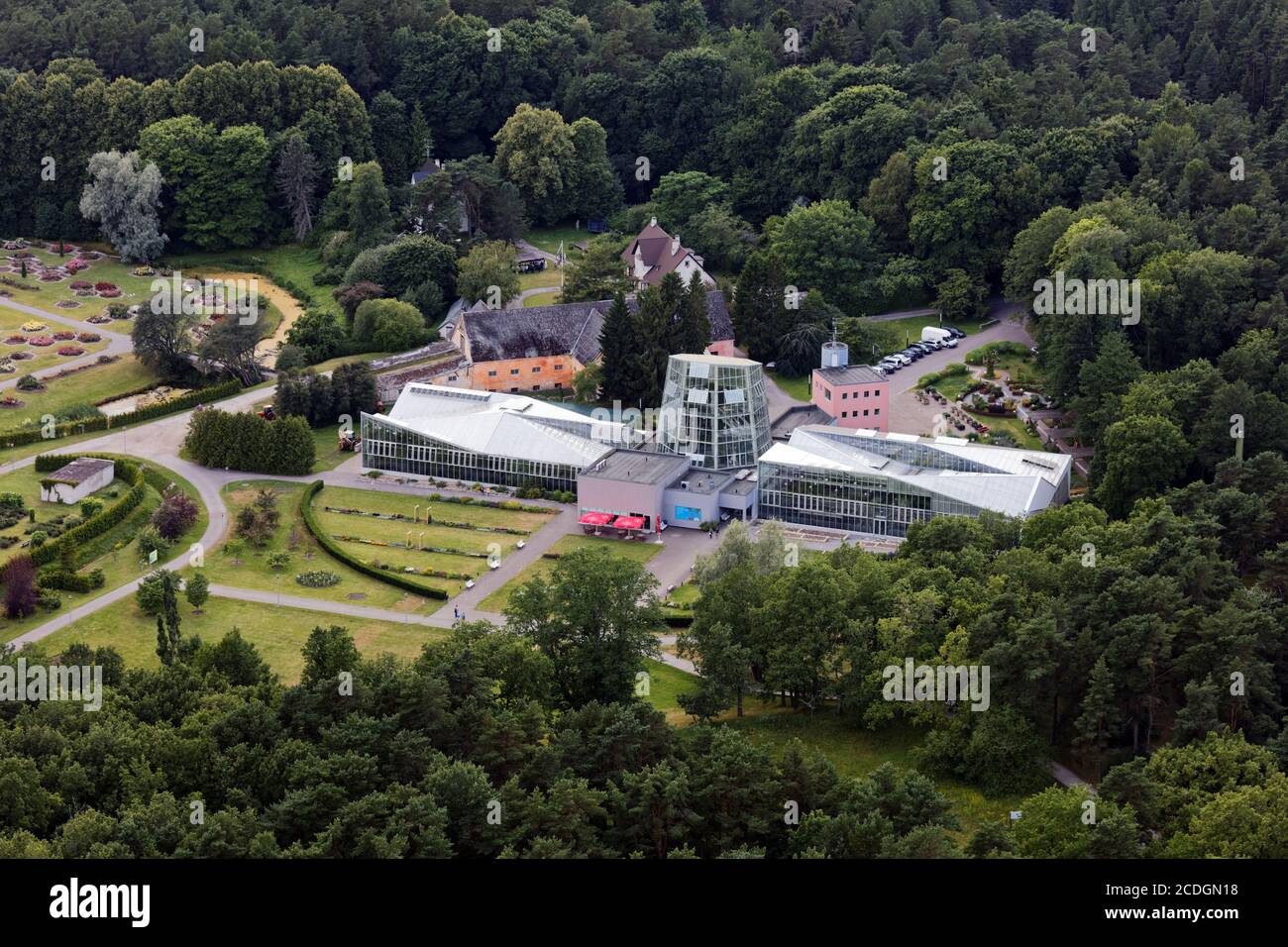 Veduta aerea dell'Orangeria del Giardino Botanico di Tallinn, Tallinn, Estonia Foto Stock