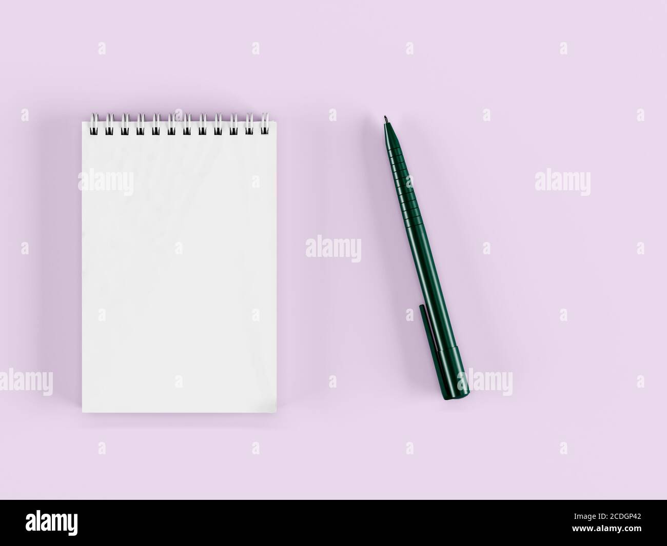 Un notebook e una penna verde scuro su sfondo rosa. Rendering 3D Foto Stock