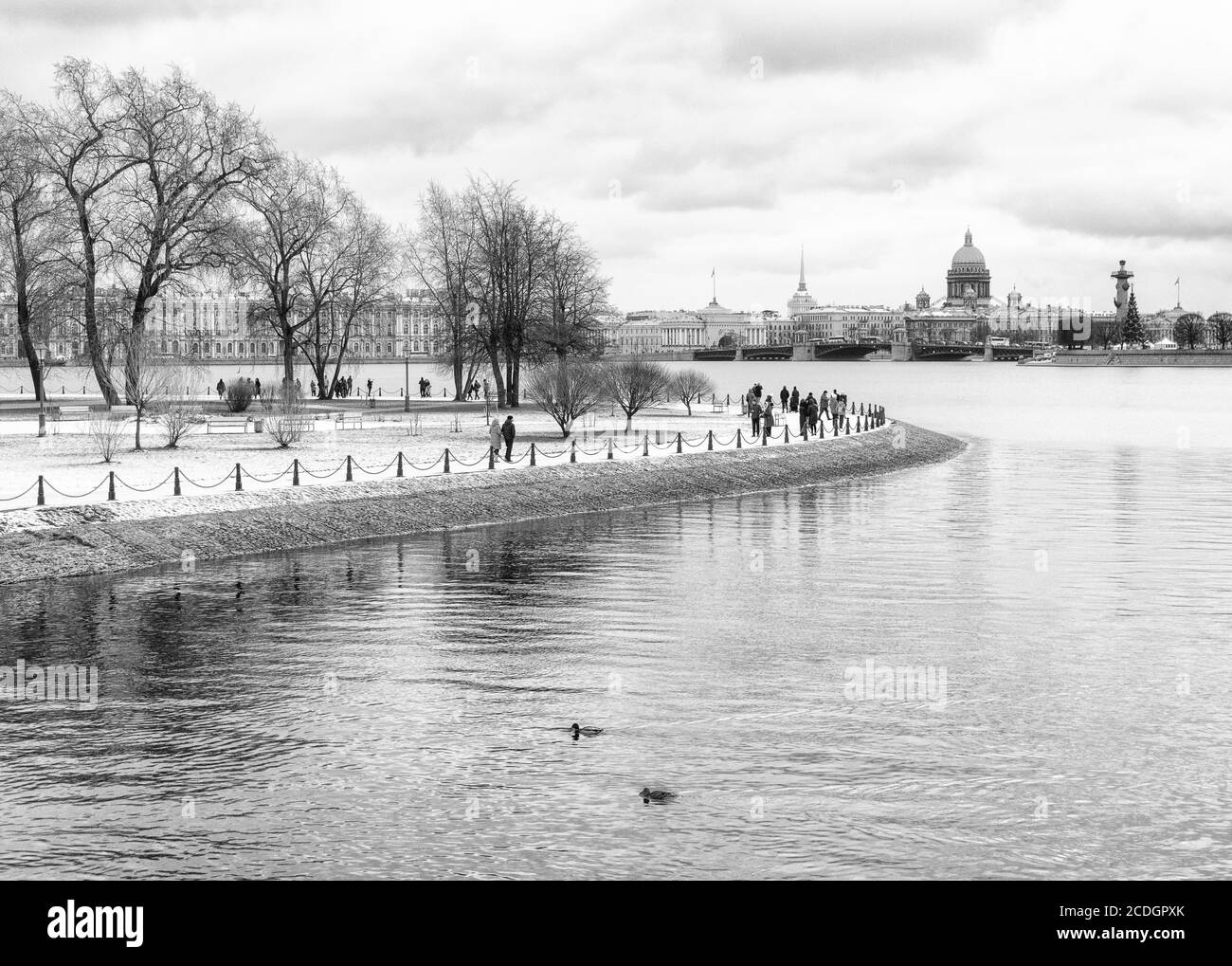 Vista verso l'isola di Zayachy, l'argine del Palazzo, la cattedrale di Sant'Isacco e Strelka Vasilyevskogo ostrova sul fiume Neva, San Pietroburgo, Russia Foto Stock