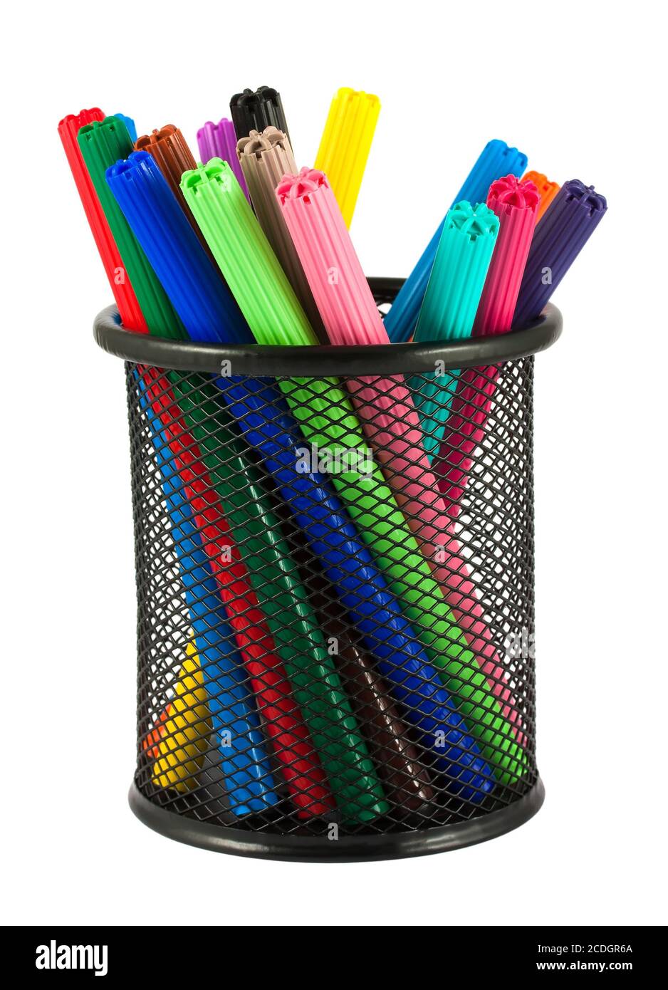 Set di penne in feltro di diversi colori nel supporto Foto Stock