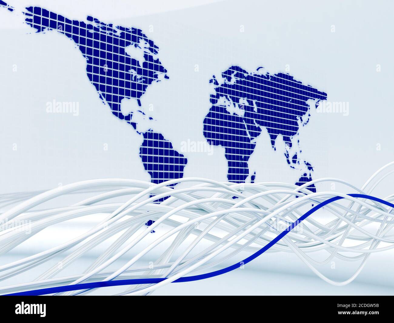 Concetto su un tema delle comunicazioni globali con il immagine dei fili e della mappa del mondo Foto Stock