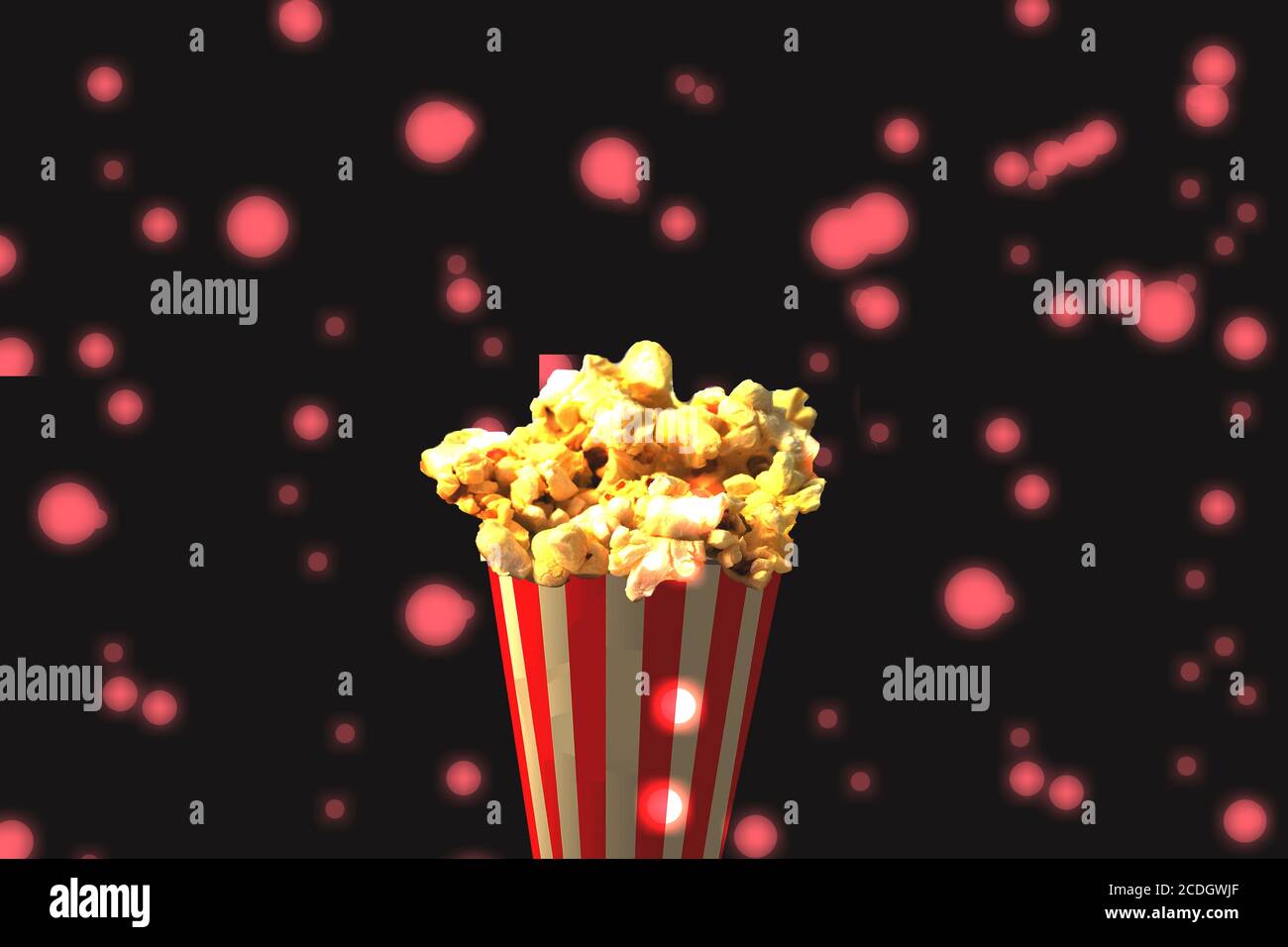 Sfondo cinematografico creativo Popcorn Pubblicità per l'industria cinematografica., 3D renden POPCORN . Visualizzazione professionale di illustrazioni altamente realistiche Foto Stock