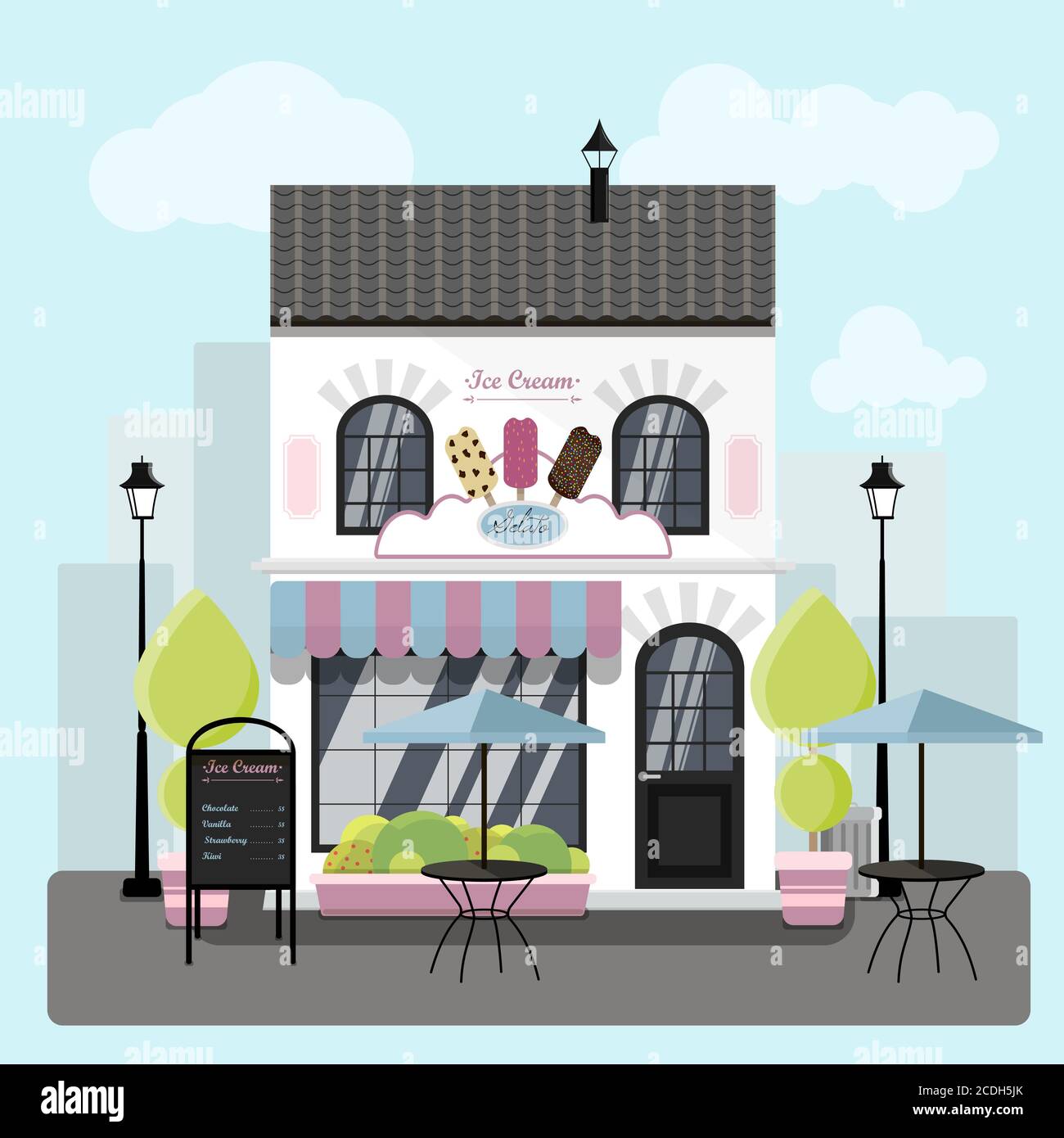 Facciata di una gelateria con terrazza esterna estiva. Illustrazione vettoriale di gelato da ristorante, gelato, Possicola e palle con sapori di frutta, cioccolato e vaniglia. Un edificio con una tenda a strisce, una grande finestra in vetro colorato, un Affissioni e piante in vaso in stile europeo. Immagine piatta in rosa e bianco. Illustrazione Vettoriale Facciata di una gelateria con terrazza esterna estiva. Illustrazione vettoriale di gelato da ristorante, gelato, Possicola e palle con sapori di frutta, cioccolato e vaniglia. Un edificio con una tenda a strisce, una grande finestra in vetro colorato, un Affissioni e piante in vaso in stile europeo. Immagine piatta in rosa e bianco. Illustrazione Vettoriale