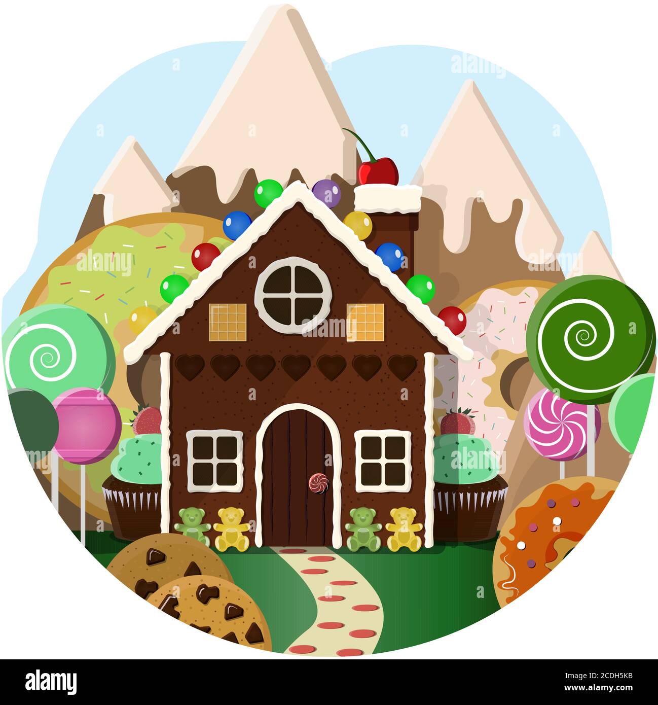 Casa di pan di zenzero con alberi di caramelle e dolci montagne sullo sfondo. Illustrazione di una pasticceria con un paesaggio di leccornie, cupcake, biscotti, ciambelle e frutta. Cartoon Bright vettore per bambini, per il giorno dei bambini o saluti. Illustrazione Vettoriale