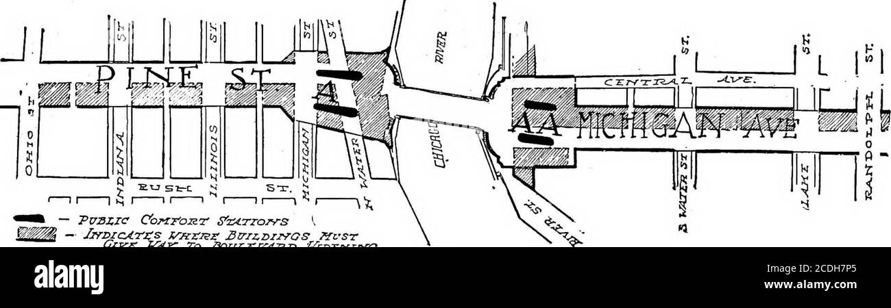 . Il manuale di Wacker del piano di Chicago; economia comunale . e contemplato porto esterno, ha prodotto e continuerà ad aumentare una situazione di congestione del traffico senza messa in parallelo in una singola sezione di qualsiasi città nel mondo. 2. Il piano che meglio si adatta a dimostrare le attuali condizioni di intollererableongestione in questi punti, è il piano di strada araizzata, in quanto separerà queste zone orientali al 3 per cento, a beneficio della commercializzazione. 3. Questo piano tiene conto anche del traffico viadotto di strada Randolph, deviandolo nella corte di Beaubien e distribuendo via lago itat sotto il Foto Stock