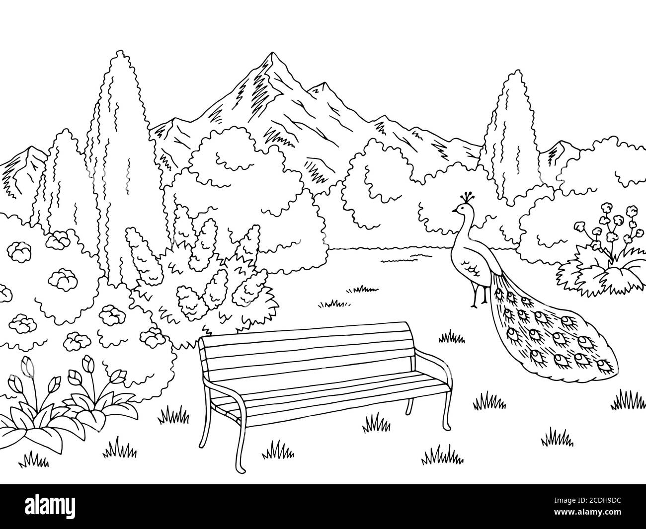Grafica da giardino nero bianco disegno orizzontale illustrazione vettore Illustrazione Vettoriale