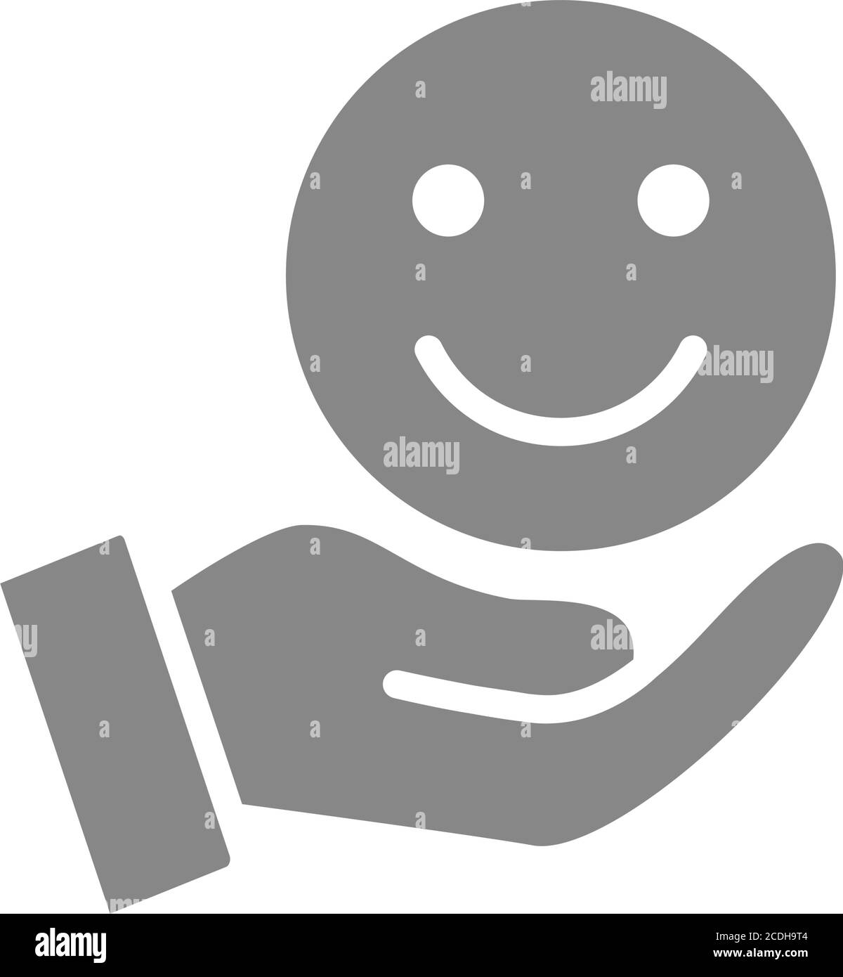 Le mani reggono emoji felice, icona grigia buon umore. Condividi il simbolo delle emozioni positive Illustrazione Vettoriale