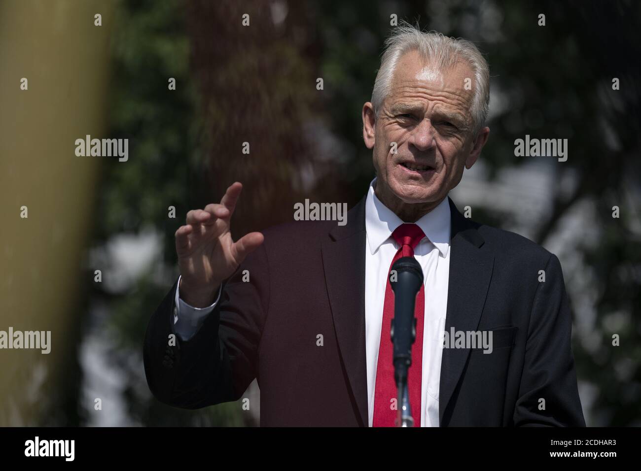 Washington, Stati Uniti. 28 Agosto 2020. Peter Navarro, direttore del National Trade Council, parla ai membri dei media a seguito di un'intervista televisiva fuori dalla Casa Bianca a Washington, DC venerdì 28 agosto 2020. Foto di Stefani Reynolds/UPI Credit: UPI/Alamy Live News Foto Stock