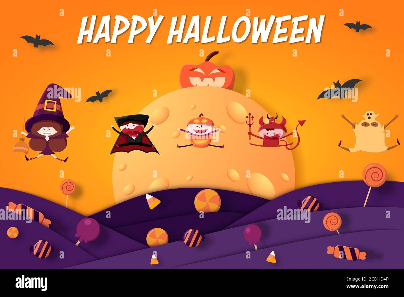 Gruppo di bambini felici in costume di Halloween con caramelle, luna, zucca e pipistrello. Happy Halloween giorno di sfondo. Illustrazione Vettoriale