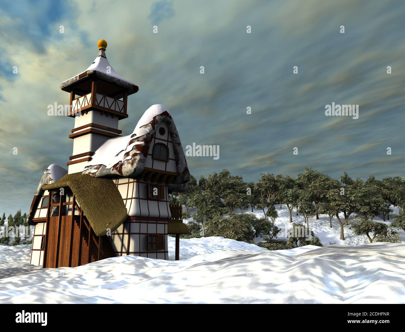 Una favola cottage è da una giornata invernale Foto Stock