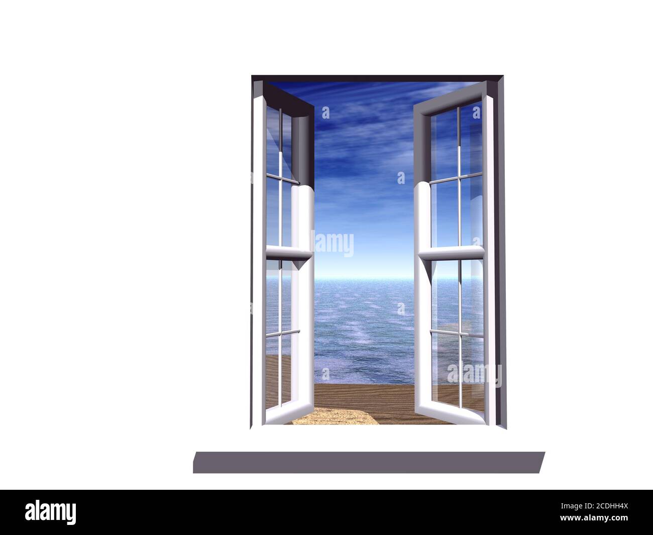 finestra aperta con un tipo di fiaba su una spiaggia, Foto Stock
