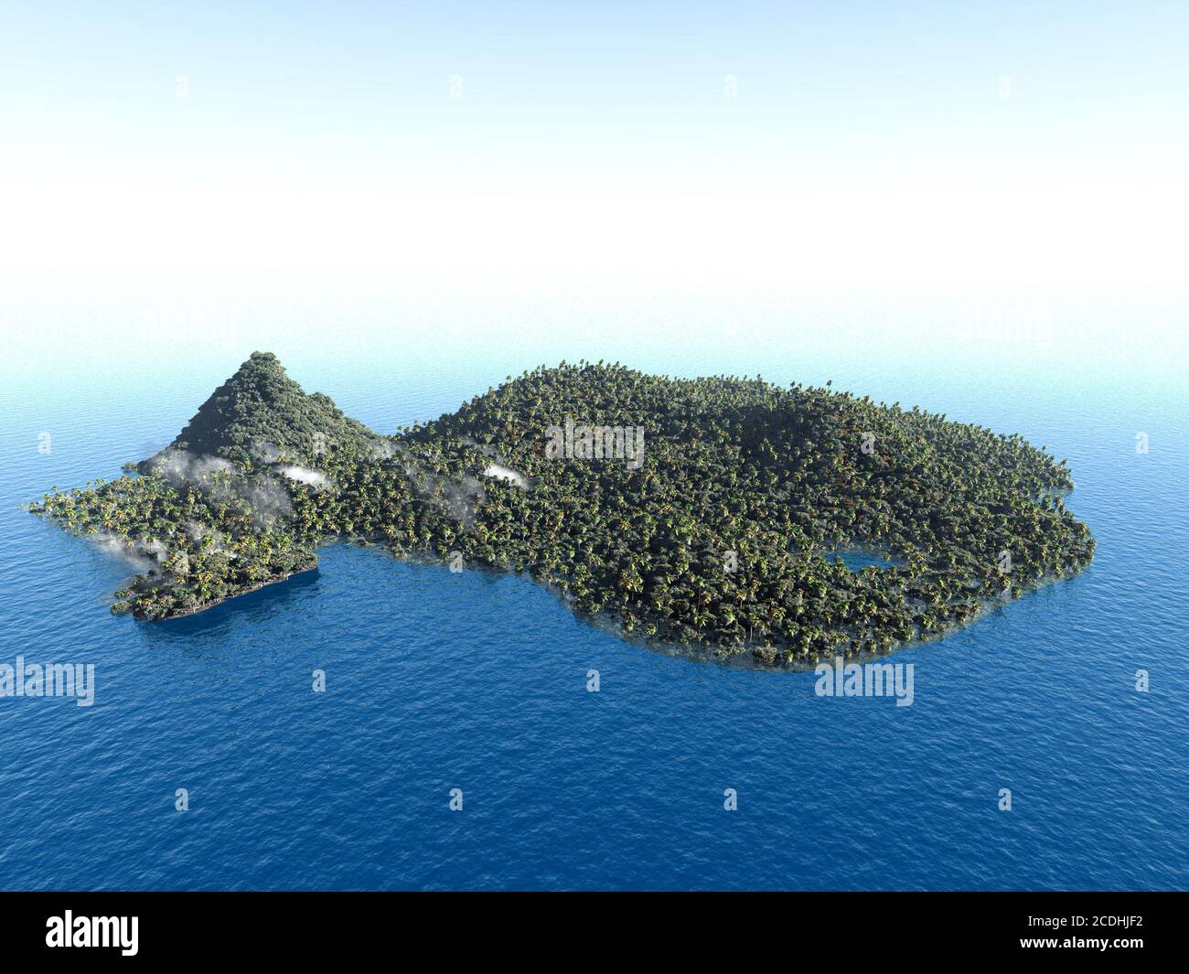 isola disabitata in un oceano su uno sfondo blu Foto Stock