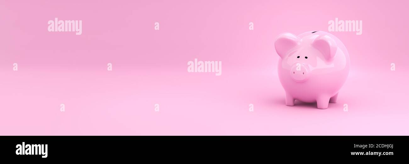 Concetto di risparmio Piggybank: Pink piggybank su sfondo rosa con copyspace. Dimensione banner. Foto Stock