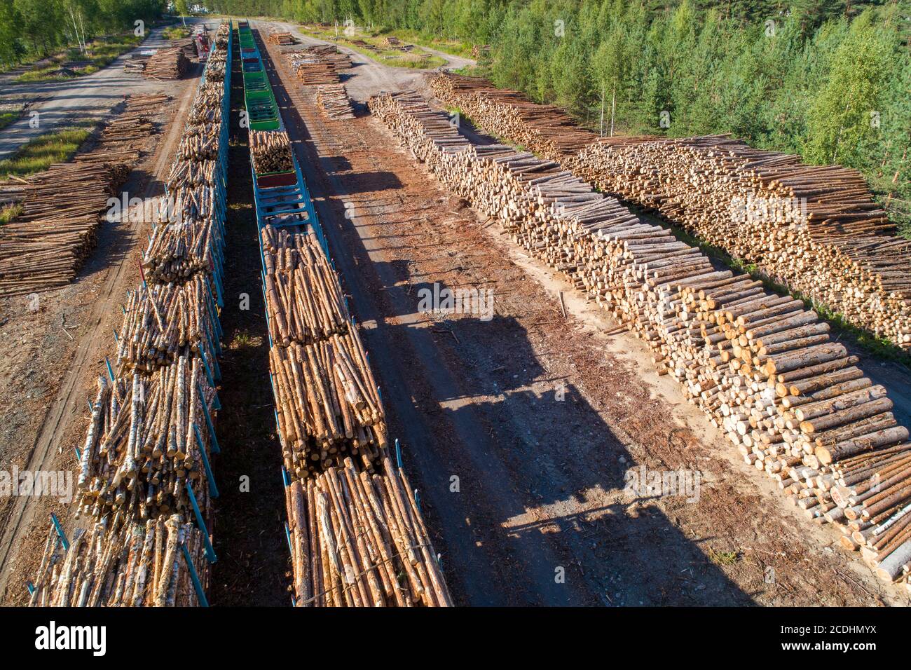 Vista aerea di un cantiere ferroviario con pali di tronchi e vagoni ferroviari caricati con legname per il trasporto a Estate, Finlandia Foto Stock