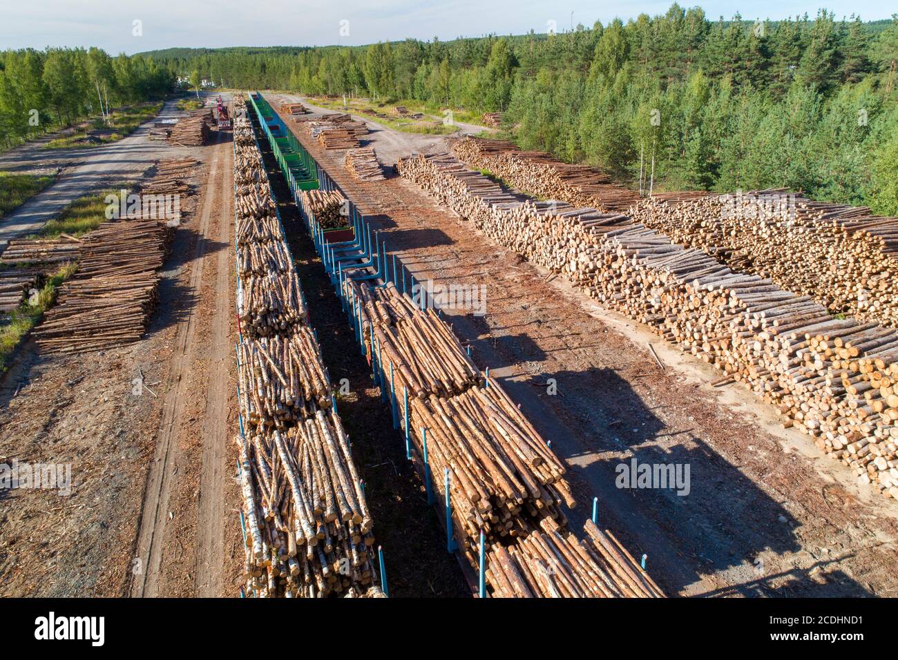 Vista aerea di un cantiere ferroviario con pali di tronchi e vagoni ferroviari caricati con legname per il trasporto a Estate, Finlandia Foto Stock