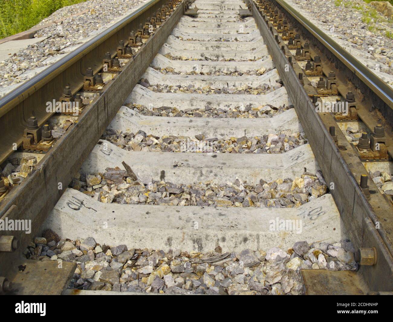 Primo piano delle rotaie ferroviarie Foto Stock