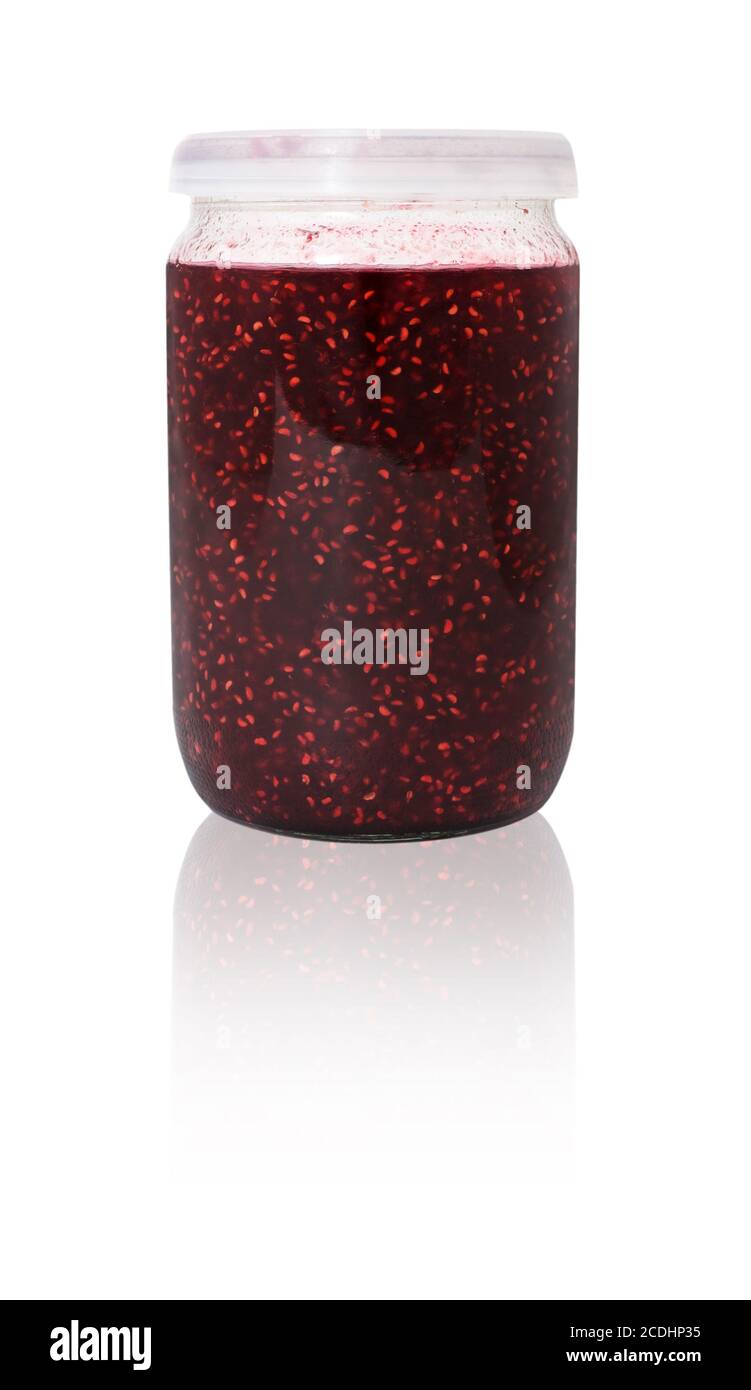 vasetto di conserve di lamponi fatte in casa Foto Stock