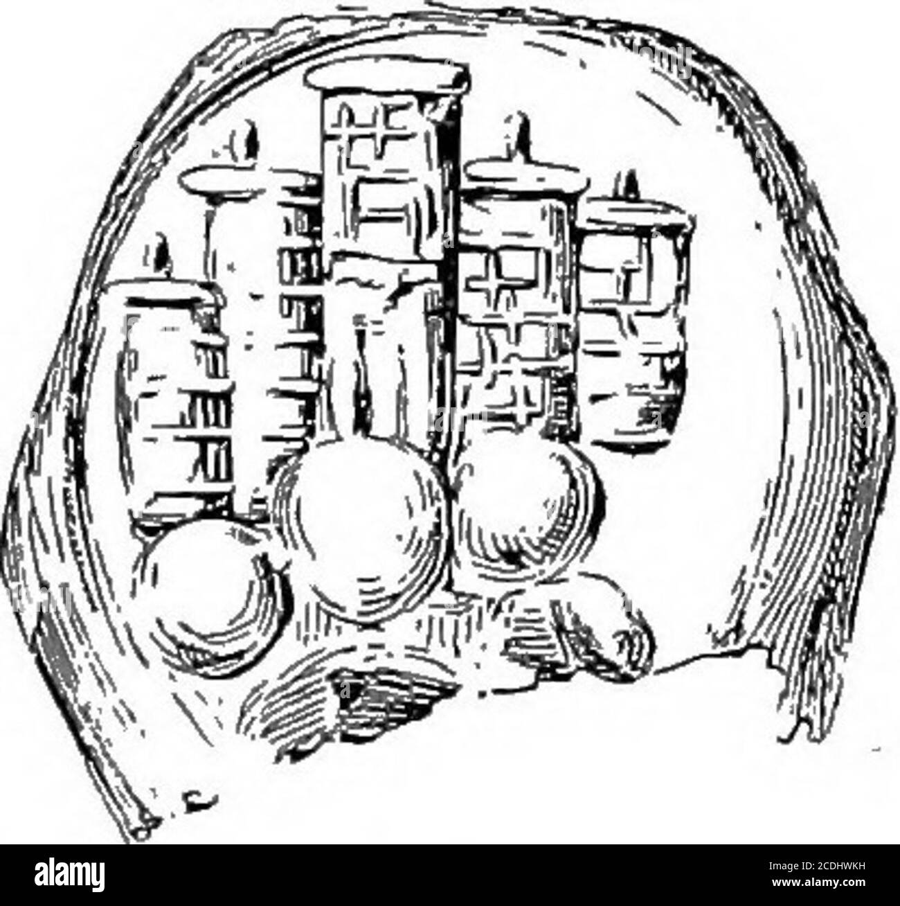 . Il palazzo di Minos : un resoconto comparativo delle fasi successive della civiltà cretese, come illustrato dalle scoperte di Cnosso . 88 e PI. X, n. 130, 131. Isopata {Archaeologia, IxV, 1914, p. 26 seqq. 2 sono viste insieme su policromo e p. 27, Fig. 37, a, b). Cfr. Vol. II X 2 3o8 IL PALAZZO di MINOS, ECC. IHE Sealing c^ d'altra parte, apparentemente rappresenta una porta, su cui, come nel caso di quello di Micene, i leoni sostenitori della Grande Dea Minoica hanno tenuto la guardia e il rione. Anche qui, come nel Lions.Gate, vediamo tra i moli, anche se non qui come un Foto Stock