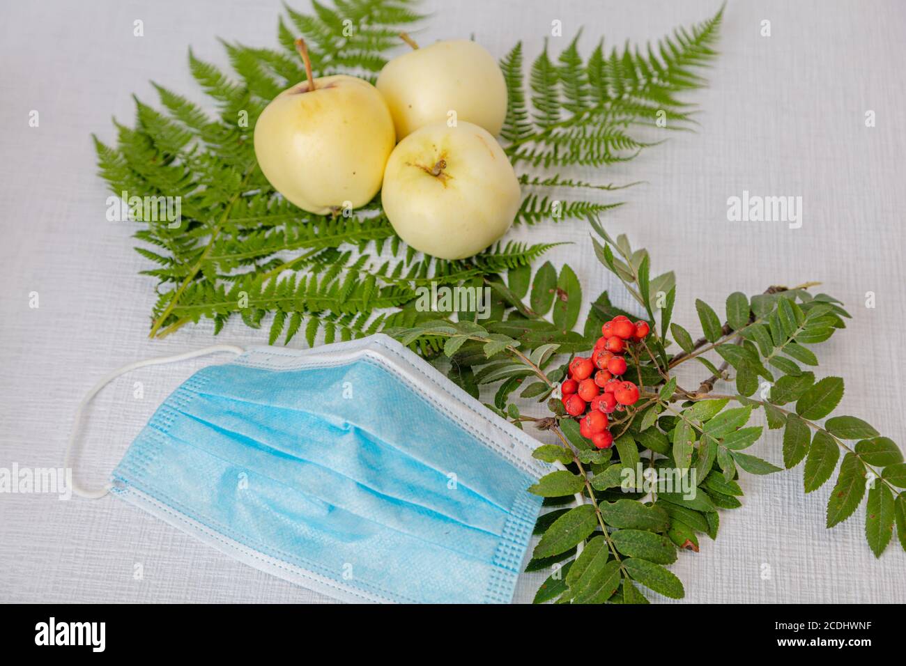 Still life, maschera medica, cenere rossa di montagna, mele. Concept prendersi cura della salute durante il coronavirus e l'autunno. Foto di alta qualità Foto Stock