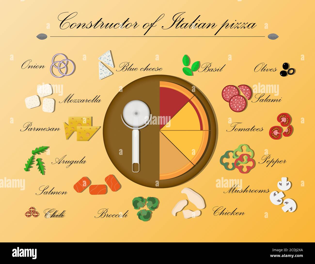 Illustrazione piatta di un designer per la pizza italiana su un piatto di legno. Illustrazione vettoriale di una pizza rotonda divisa in pezzi diversi. Ingredienti per pizza, salumi, salmone, pollo, formaggio e funghi vegetariani. Poster per la creazione di menu, pubblicità, distribuzione, app per smartphone o sito Web personalizzati Illustrazione Vettoriale