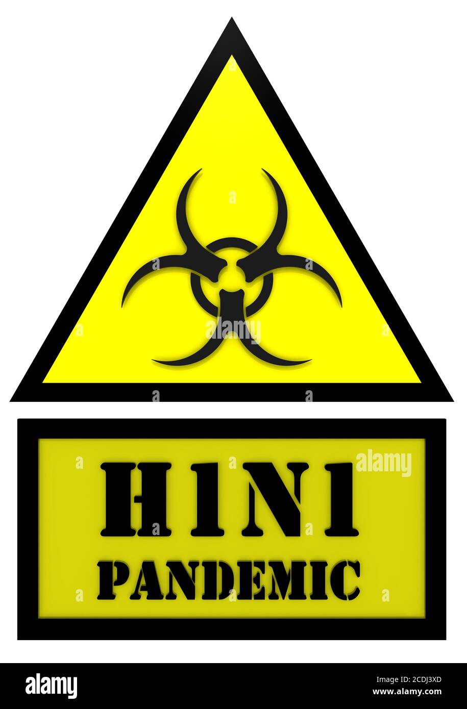 Segno dell'epidemia di influenza H1N1. Cartello giallo con il simbolo di rischio biologico e la dicitura "PANDEMIA H1N1". Isolato. Illustrazione 3D Foto Stock