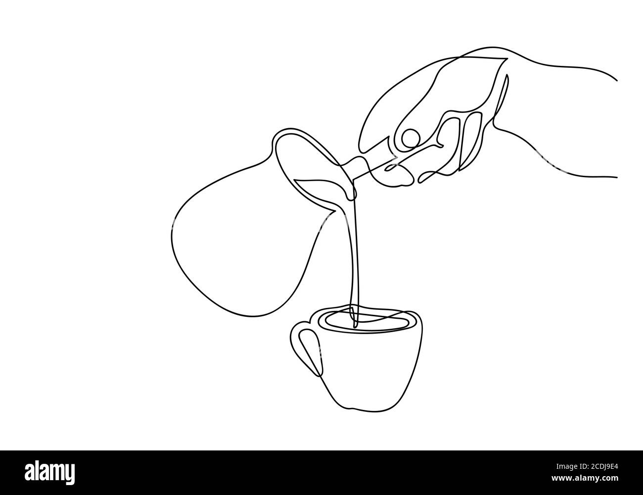 Un disegno di linea continuo delle mani che tengono una tazza di caffè caldo. Arte singola una linea nel quadro bianco e nero del caffè. Foto Stock