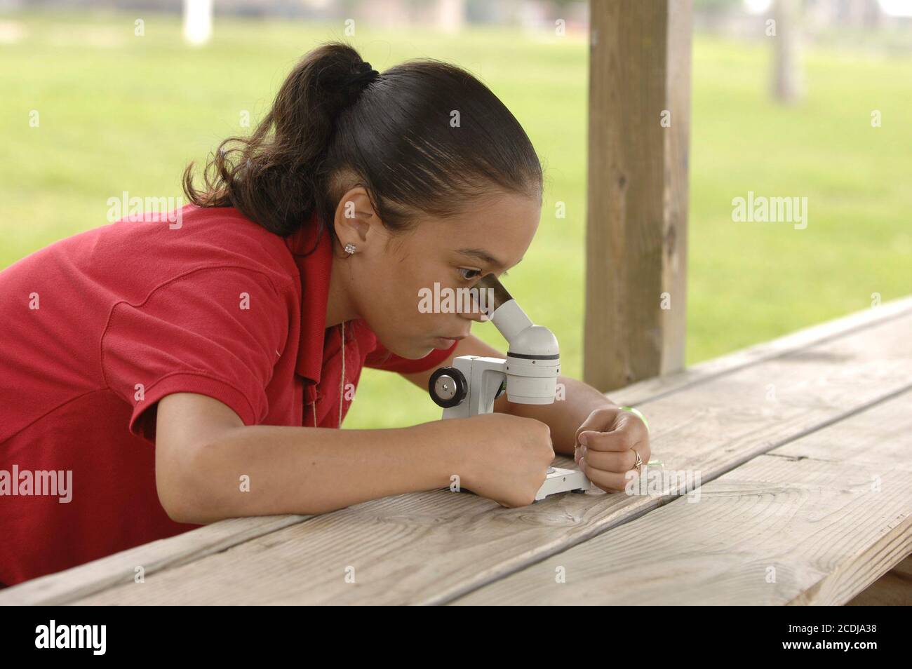 Granite Shoals, TX 1 maggio 2007: Dodici e 13 anni studenti ispanici di IDEA Academy, una scuola pubblica di charter di Brownsville, sperimentano un campo di istruzione all'aperto di tre giorni per aiutare a promuovere la leadership e la crescita personale. Una ragazza ispanica cerca microrganismi attraverso un microscopio economico. ©Bob Daemmrich / Foto Stock