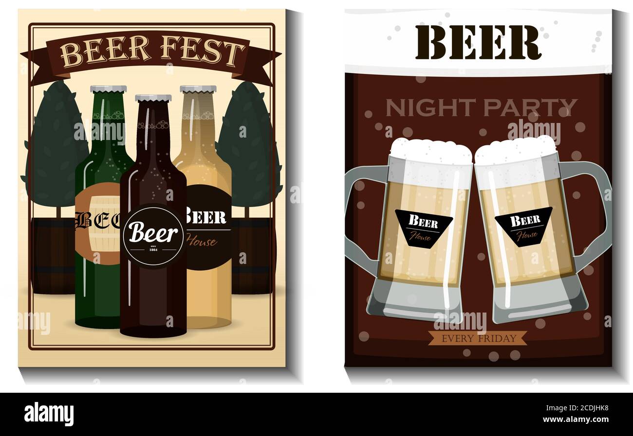 Un set di volantini vettoriali per una festa della birra, un festival o una pubblicità. Illustrazione piatta con tazze di birra, bottiglie di birra, bicchieri e decorazioni per le vacanze. Banner con informazioni su una festa, una vacanza e un happy hour in una birreria all'aperto. Annunci per Oktoberfest, vacanze o immagini per un ristorante, un pub o un negozio di alcolici. Set di biglietti da visita Illustrazione Vettoriale