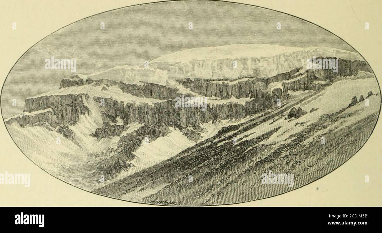 . Viaggi tra le grandi Ande dell'equatore . ^ iniziano le piste che girano lungo i lati nord-ovest e ovest della montagna. 2 questo importante flusso di lava apparve dai ghiacciai all'altezza di circa 18,000 metri, non si poteva vedere esattamente dove, a causa della grande quantità di neve appena caduta. 3 c'era grande difficoltà a spezzare esemplari da questa massa, che non era altro che una roccia che ho visto sulla montagna. Quando è rotto, si sgretola leggermente in modo di pane-zucchero. Il Prof. Bonney dice: – UNA roccia piuttosto sbriciola di frattura molto irregolare, con un Foto Stock