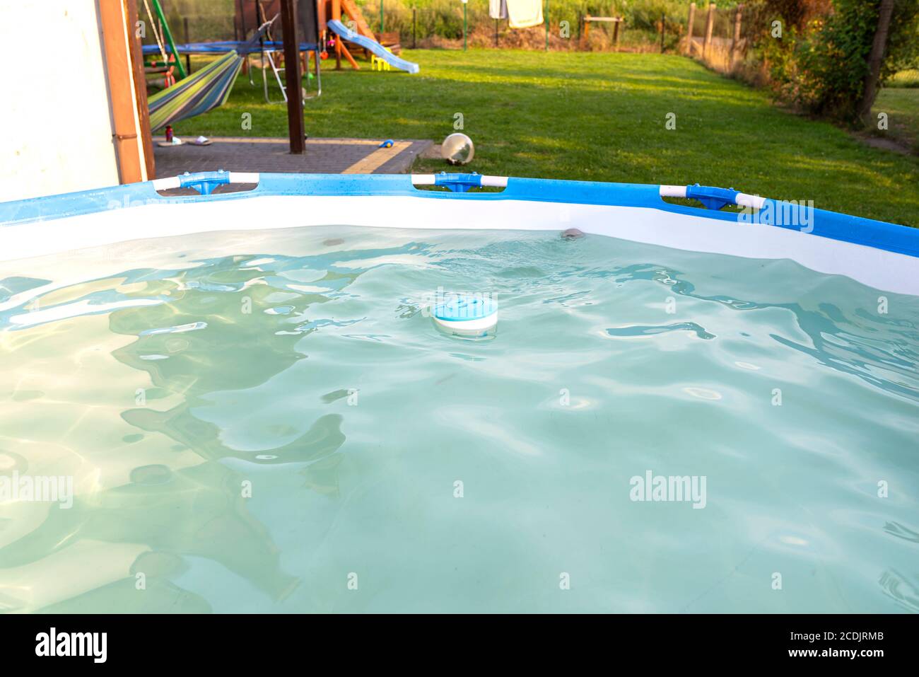 Distributore di cloro blu che galleggia in una piscina domestica in giardino, pulizia e cura della piscina domestica. Foto Stock