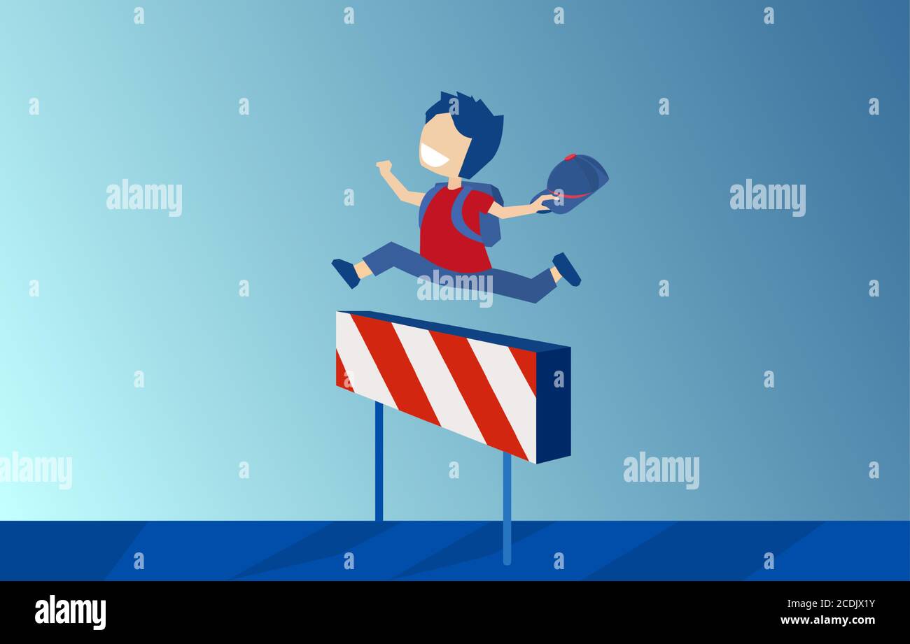 Vettore di un ragazzo con zaino saltando sopra gara di ostacoli ostacolo su sfondo blu Illustrazione Vettoriale