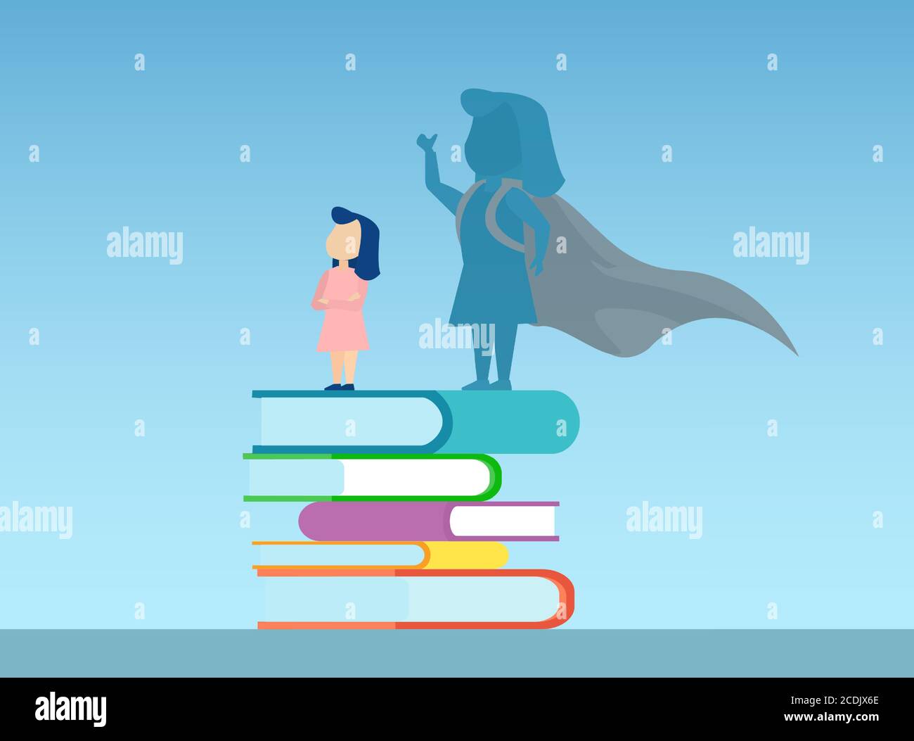 Vettore di una bambina in piedi su un mucchio di libri con super eroe ombra di se stessa Illustrazione Vettoriale